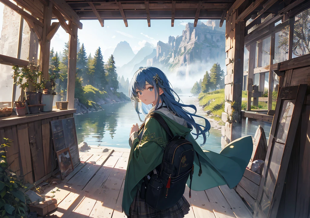 Realistic photos, Focus distance 10mm, Red and white, Beautiful girl, Realistic photos, Shooting at focus distance 10mm, masterpiece, 最high quality, high quality, Very detailed CG 8k wallpaper unit, Award-winning photography, Depth of written boundary, High resolution, bloom, chromatic aberration, Realistic, Very detailed, Art Station Trends, CGsociety Trends, Complex, High detail, dramatic, Art on the go, volumetric lighting, A beautiful girl is dressed in traditional Celtic traveler attire by a beautiful lake, her blue hair blowing in the wind. She is wearing a green cloak and boots, and a small backpack on her shoulders. She is gazing into the distance, as the mist rolls in, with majestic mountains towering beyond the lake. Ancient Celtic ruins can be seen in the background