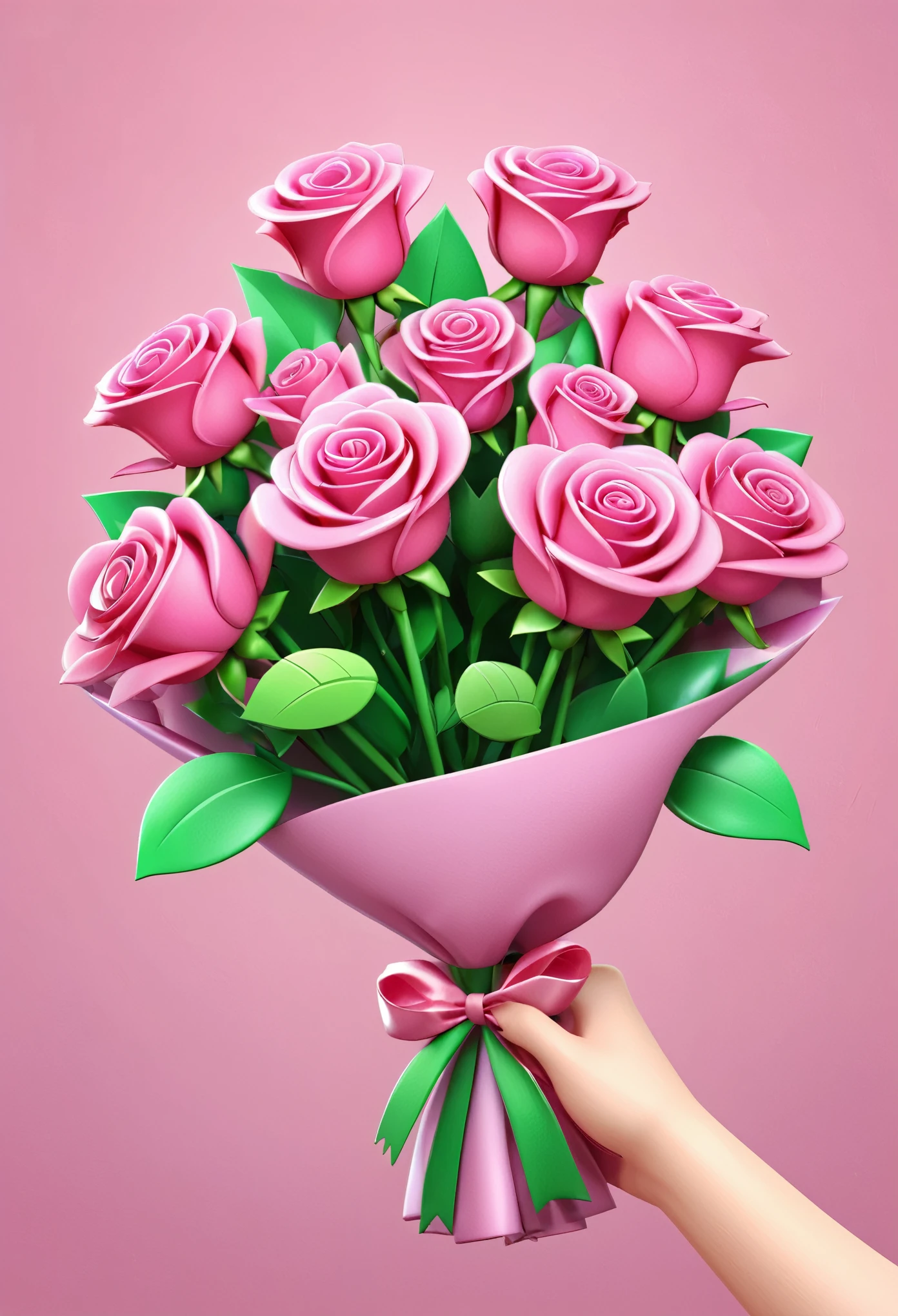 Pink hand holding flower bouquet wrapped cartoon 3d spring rose game icon