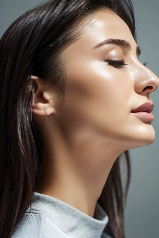 Taylor Hill、High resolution realistic photos,8k,Realistic skin texture,to be born々New People々々々々,1 girl,Tabletop,,Awards - Winning Photos, Very detailed, Close your eyes, Nose and mouth,Face Focus, Extreme close up of face、Woman with open mouth and closed eyes, Black camisole、20-year-old,Black-haired、Symmetrical face,Realistic nostrils、Angle from below、Elongated C-shaped nostrils,((Gray background))、Sweaty skin、汗でGlowing Skinを強調する照明、((Sharp Nose))Skin shiny with sweat、Glowing Skin、Sweaty hair、sunlight、(Brow wrinkles)((Frowning))、((Thin eyebrows))((Oily skin、Glowing Skin))、double eyelid、Tied Hair、Updo、Lift your head((Super wet skin))(((鼻中隔が広く見えるprofile,nasal septum,profile)))