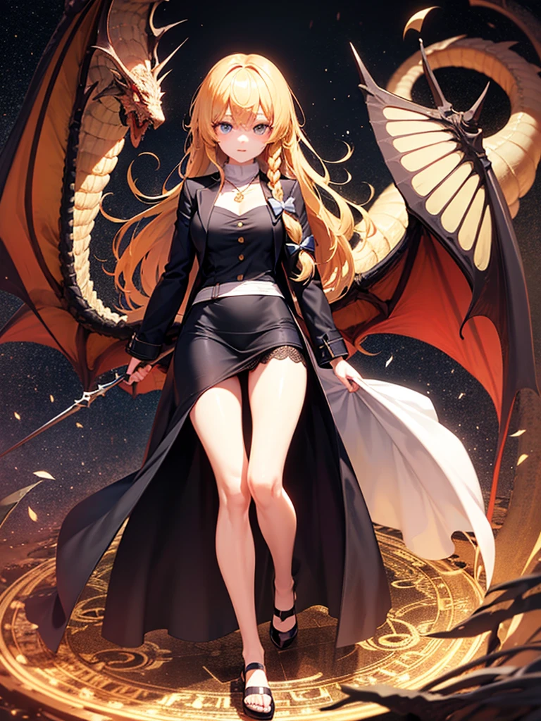 kirisame marisa, kirisame marisa, touhou project, touhou project, touhou project, feet out of frame, Top view, focus on eyes, cowboy shot, incredibly detailed, neat figure, Beautiful detailed girl, 10 years old, messy long hair, messy hair, eyes visible through hair, hair over shoulder, gold hair.lace, hair fluttering in the wind, extremely beautiful detailed anime face and eyes, ^ ^, green pupil, lightning in hand, large breasts, perfect and delicate limbs, blue eye, bright skin, Beautiful accessories, beautiful and detailed dragon&apos head, beautiful and detailed dragon&apos,s head, cross necklace, holding weapon, ice crystal texture wings, dark dress, coat, Black gauze skirt, black footwear, marbling with hair and clothes, black background Clothes, dream, Magic circle, night sky background, cold light, complex details, extremely detailed, wallpaper 8k CG, extremely detailed,