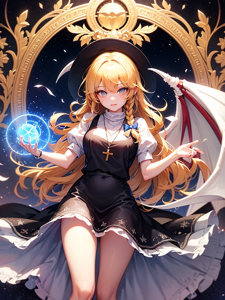 kirisame marisa, kirisame marisa, touhou project, touhou project, touhou project, feet out of frame, Top view, focus on eyes, cowboy shot, incredibly detailed, neat figure, Beautiful detailed girl, 10 years old, messy long hair, messy hair, eyes visible through hair, hair over shoulder, gold hair.lace, hair fluttering in the wind, extremely beautiful detailed anime face and eyes, ^ ^, green pupil, lightning in hand, large breasts, perfect and delicate limbs, blue eye, bright skin, Beautiful accessories, beautiful and detailed dragon&apos head, beautiful and detailed dragon&apos,s head, cross necklace, holding weapon, ice crystal texture wings, dark dress, coat, Black gauze skirt, black footwear, marbling with hair and clothes, black background Clothes, dream, Magic circle, night sky background, cold light, complex details, extremely detailed, wallpaper 8k CG, extremely detailed,
