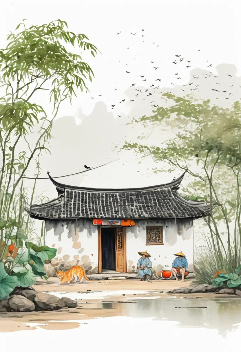 Cartoon Chinese style,An old man wearing a straw hat sits under a thatched hut eating watermelon,and next to an orange cat sits beside him,Features of the comic style,rough drawing,colorful cartoon illustrations,Simple lines,flat coloring,and Chinese-style cartoon characters,flat painting style,lots of white space,clean solid color background,minimalist background,a small amount of content,huge void,mostly empty,very little percentage,a very small proportion,very small content,very large empty space,breathable space, Artistic ink painting,Three-dimensional ink painting,Minimalist graphics,Minimal Art,Clean background,ancient white space,White Space,large white space,Texture Matte,Low saturation,Minimalist composition,Master composition,A person far away,cantered,white background,negative space,simple tattoo,line art,simple drawing,landscape,stylized,(((Lots of white space:1.5))),(Lots of white space:1.6),simple,Minimalism,abstract,Freehand,Aesthetic,unsaturated picture,asymmetric picture,a small object in a vast empty space,minimalist scene with a tiny subject in the center,centered small subject with large white space around it,(((small focal point))),(((minimal objects))),(((tiny subject))),no detailed backgrounds,(((empty space))),simple composition,avoiding clutter,no large elements,(((minimalist))),lack of intricate details,wide empty space,sparse,dominant blank space,simple scene,(((less busy))),(((without detailed objects))),(((no complex backgrounds))),