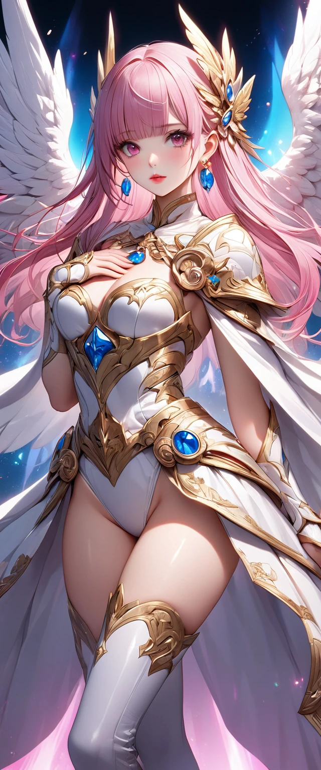 (Perfect Anatomy)、Mastepiece、Ultra High Quality、 8k、masterpiece、Highest quality、Ultra-high resolution、Maximum resolution、Very detailed、Professional Lighting、anime、woman、thin、so beautiful、Highly detailed eye、Highly detailed face、Golden earrings、Pink Hair,、Pink eyes、Detailed costume patterns、Mid-chest、Blue jewel on chest, makeup, eyeliner, eye shadow, pink cheek, pink lips, upper arm pink armor, white leotard, pink pattern, full body, magical girl, Angel Girl, Are standing, pink thigh high stockings, white super long boots, pink gauntlet, high heels, blunt bangs, Hime cut, bridal hair accessory, paladin robe, hand on own chest, Cloaked in a rainbow-colored light