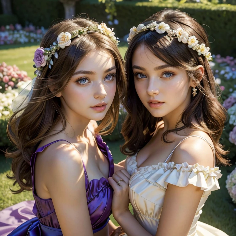 (masterpiece, best quality:1.5), highest quality, High resolution, super detailed, Realists, Upper body photo of a brunette flower girl, detailed and beautiful eyes, beautiful detailed lips, very detailed eyes and face, longeyelashes, Young girl in a short dress made of shiny satin fabric, Beautiful and colorful makeup, elegant and noble々Pose,shiny satin headband, grind, Holding flowers, Gardens as background, soft daylight, bright colors, fine brushstrokes, Portrait style, Noble details in the dress fabric, beautiful color palette, glowing skin, First-class rendering, that captures every detail, enchanting atmosphere, subtle shadows and lights, (perfect anatomy:1.2), (The two stunning flower girls carry pillows with wedding rings on them. (magnificent panorama view:1.2)