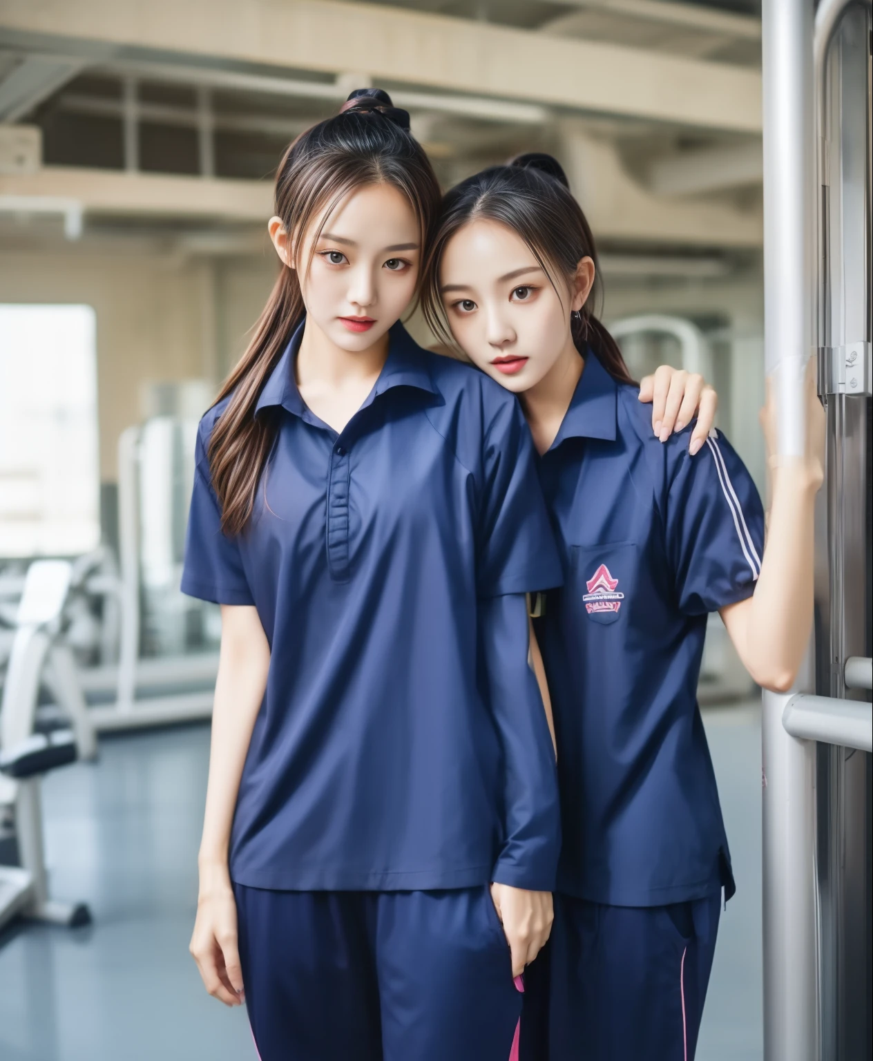 3 girls in fitness center, Navy blue short-sleeved shirt,Navy Long Trackpant,Sweatpants, Sweatpantsขายาว,25 year old girl, lesbian, sexy, exercise clothes, wet body, exercise clothes