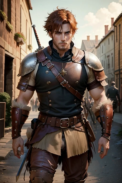 35 year old man with short spiky reddish brown hair, messy fringe hairstyle, medieval hunter clothing, brown eyes holding a sword muscular build, brown leather belt, brown leather belt boots, medieval city background with magic symbols