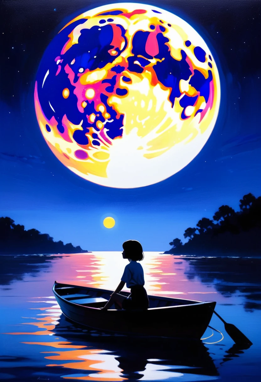 (moon confession) the dark silhouette of a girl in a boat at night against the background of a large moon, the water surface, (the work of Ilya Kuvshinov and Mikhail Khokhlachev) ((best quality)), ((masterpiece)), ((realistic)), (extreme detailing), ((perfect))