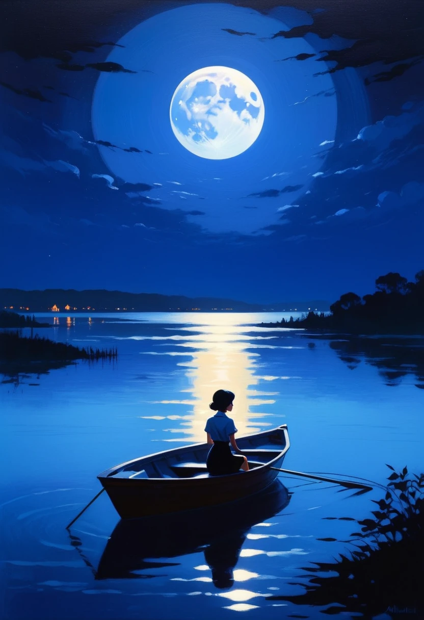 (moon confession) the dark silhouette of a girl in a boat at night against the background of a large moon, the water surface, (the work of Ilya Kuvshinov and Mikhail Khokhlachev) ((best quality)), ((masterpiece)), ((realistic)), (extreme detailing), ((perfect))