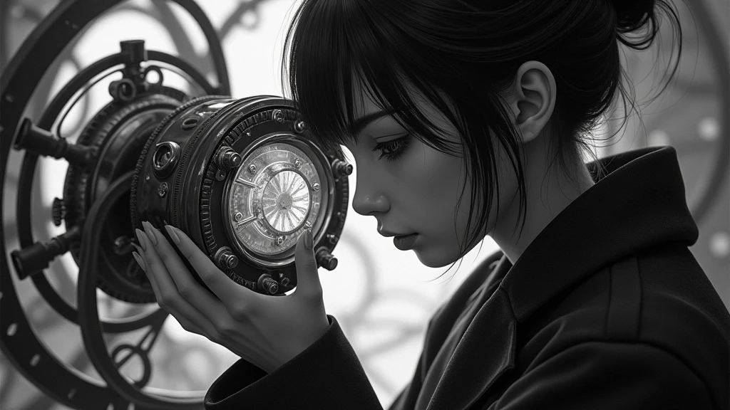 Highest quality, Super Fine, 16K, Incredibly absurd, Very detailed, delicate and dynamic, With mechanical mechanism, Clockwork mechanics, and gear mechanism, A monochrome girl peering into it, (Heterochromia iridis), Lighting Effects, Prism Effect, Mirror Effect,steampunk、
