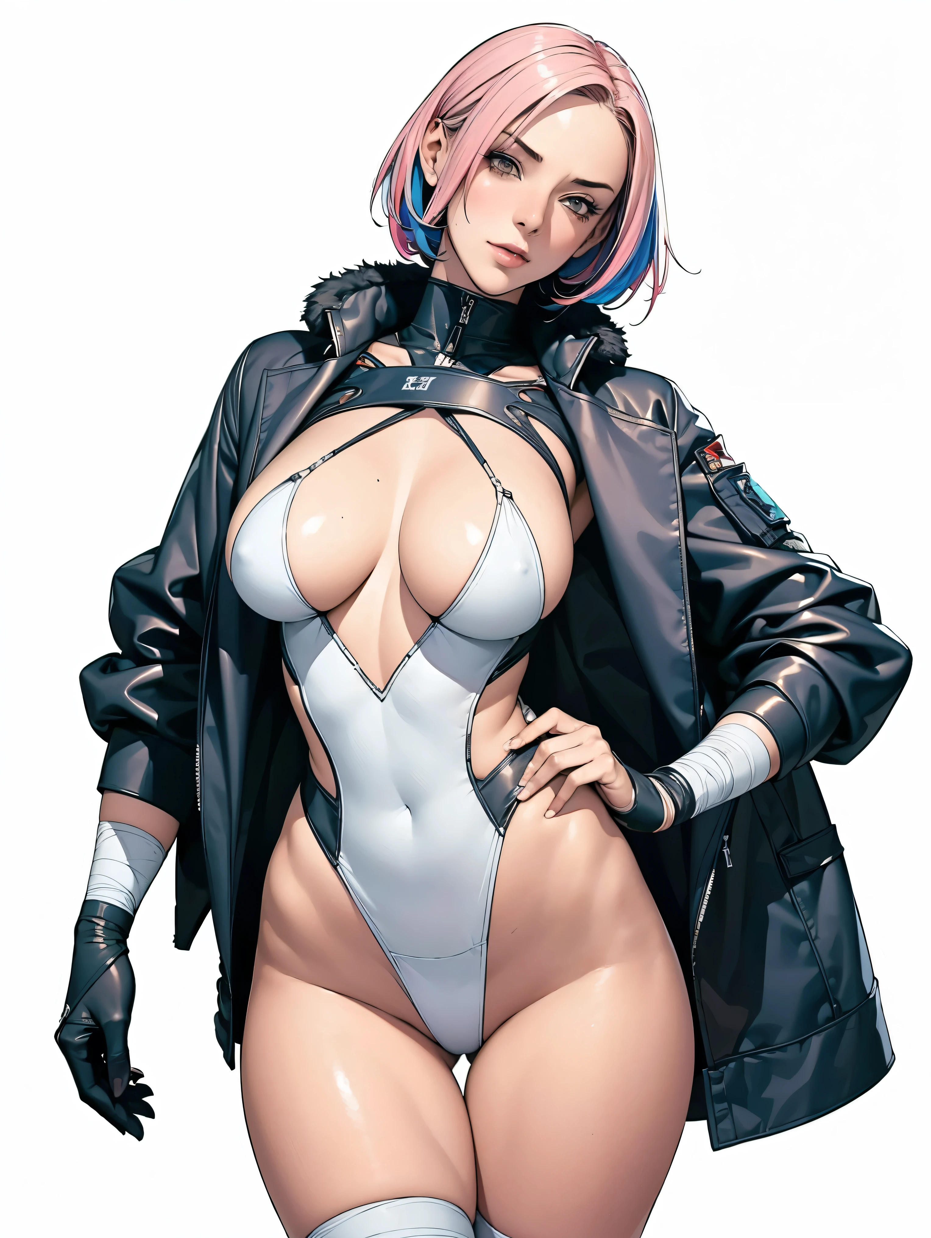 (((Annie Lennox))), (((colorful suit))), (scars), (((bandaged arms))), (((colorful clothes))) (( hood)), (((best quality: 1.4))), (Unbeatable masterpiece), (hyper HD),(CG 8k hyper-realistic), beautiful face, (((breasts big))), (((hyper feminine))), sexly girl, round face, black tattoo,(ultra short red hair with white highlights)), ((( sculptural body ))), (((1 Kizi))), Kizi tatuada de 25 anos com perfect body,,Beautiful and well-groomed face, (round face), muscular body:1.2,solid color detailed jacket, (Head to thigh photos), Complex equipment, ,Tight clothes,With white stars and off-white stripes,,,,,Armor Metal Electronic Parts, Poison tattoos ) INFO, Kizi, (((standing alone))), , 24歳, sexy, pose de attitude, work of art, dancing, ((slight smile)), post-apocalypse, (((manga style))), bounty hunter, the way you want, perfect body, roupa moderna, advanced technology, white, yellow accent, black, red accent, fur collar jacket, sleeves with vertical striped pattern, background city, (( cowboy shot )). intricate visual, narrow waist, (((wide hips))), wide hips, fit thighs, (((thigh gap))), Thigh gap, background shows a futuristic airplane, open expression, expression happy
