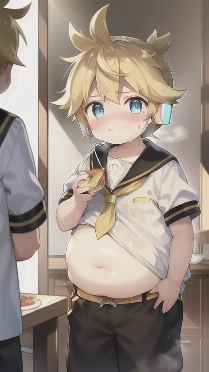  boy, cute, Kagamine Len, (chubby), (plump), over small sailor uniform, belly exposed, tight short pants, earphones, tie, looking at the mirror, (feeling really embarrassed), (full blushed), glint, cut in, sad smile, steam on his cheek, food on face,  chubby cheek poking, sweating, head down