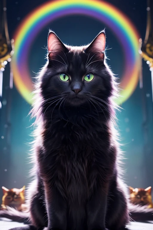 Create an UHD cinematic image of a cat with a surreal appearance. The cat has a fur coat that is composed of 12 vibrant colors, creating a mesmerizing rainbow effect. Its eyes are captivating and seem to draw you in, exuding an otherworldly charm. The visible fangs are sharp and menacing, evoking a sense of fear. The overall image should blend a sense of beauty and eeriness, capturing the mysterious nature of this fantastical creature. --ar 9:16 --style raw --stylize 800