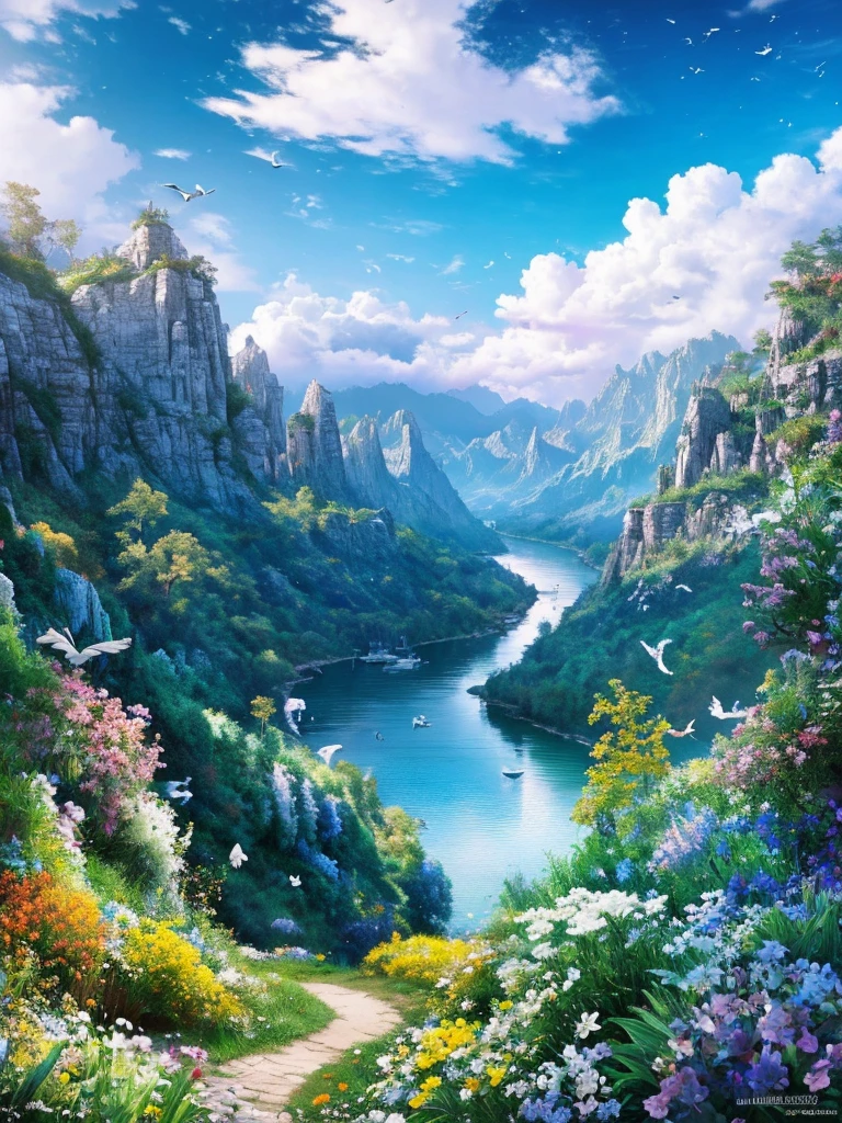 masterpiece, 最high quality, high quality,Very detailed CG unity 8k wallpaper, Enchanting and dreamy fantasy forest scenery, Seven-Colored Garden, Valley of the Fairies with a River Flowing Through It, Mysterious and fascinating, Sky Blue Sky, White dove flies, Complex, sunset, pastel colour, Award-winning photography, Written boundary depth, High resolution, bloom, chromatic aberration ,Realistic,Very detailed, White cloud, Trending on CGSociety, Complex, Attention to detail, dramatic, art:The middle of a journey