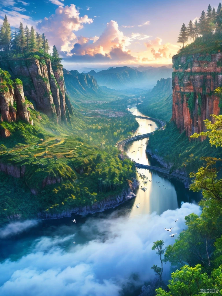 masterpiece, 最high quality, high quality,Very detailed CG unity 8k wallpaper, Enchanting and dreamy fantasy forest scenery, Seven-Colored Garden, Valley of the Fairies with a River Flowing Through It, Mysterious and fascinating, Sky Blue Sky, White dove flies, Complex, sunset, pastel colour, Award-winning photography, Written boundary depth, High resolution, bloom, chromatic aberration ,Realistic,Very detailed, White cloud, Trending on CGSociety, Complex, Attention to detail, dramatic, art:The middle of a journey