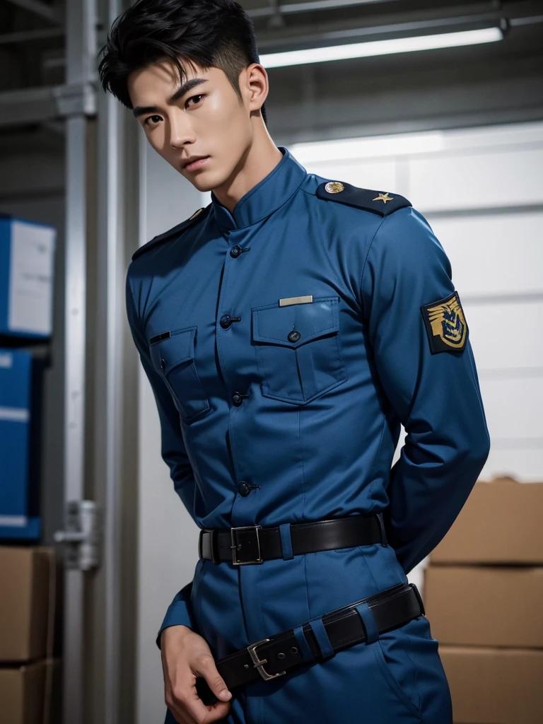 1 Handsome chinese slim guy, 20 years old, Hair combed smoothly, handsome blue soldier,Wearing a blue camouflage shirt,wearing blue military uniform, rugged blue soldier, Wear blue pattern camouflage clothing, majestic,Who is Shi Yu?, Li Yuanbin, Kim Hyung Tae, Kim Hyung Tae, Yin Shishan, Handsome Chinese muscular guy,Broad shoulders and narrow waist,A handsome man wearing a blue camouflage military uniform and a belt,Form-fitting fabric contours the bust,in a remote warehouse,hands tied behind back,Hands tied behind the back,hands tied behind back,Masculine and sexy,High,Muscles look good,hairy body,Wheat complexion,black eyes(thin eyes 1:3),whole body image