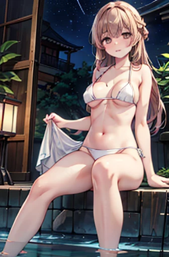 ((masterpiece,Highest quality)), High resolution, Highly detailed 8K wallpapers, depth_of_Field, Are standing, above knee view, alone, 1人of女of子, Saeki Sayaka Yagatekimininaru, Long Hair, 薄茶色of髪, Braiding, 緑of目, bow, Big Breasts, , (Minimal Micro Bikini:1.2), (White Bikini:1.4), Pool, night,