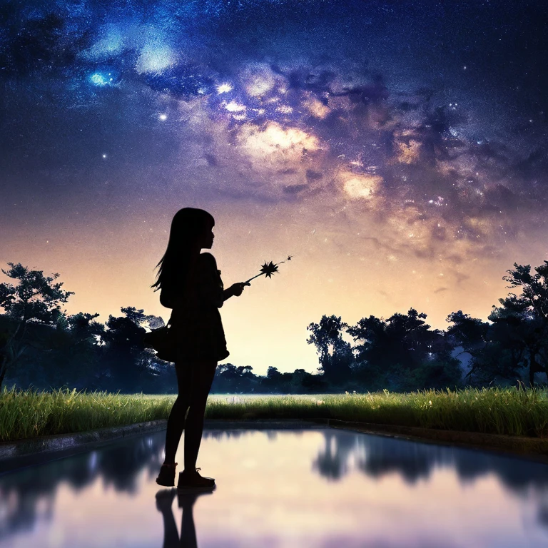1girl, solo, long hair, standing, outdoors, sky, cloud, signature, water, tree, night, grass, star (sky), night sky, scenery, starry sky, reflection, silhouette, shooting star, milky way