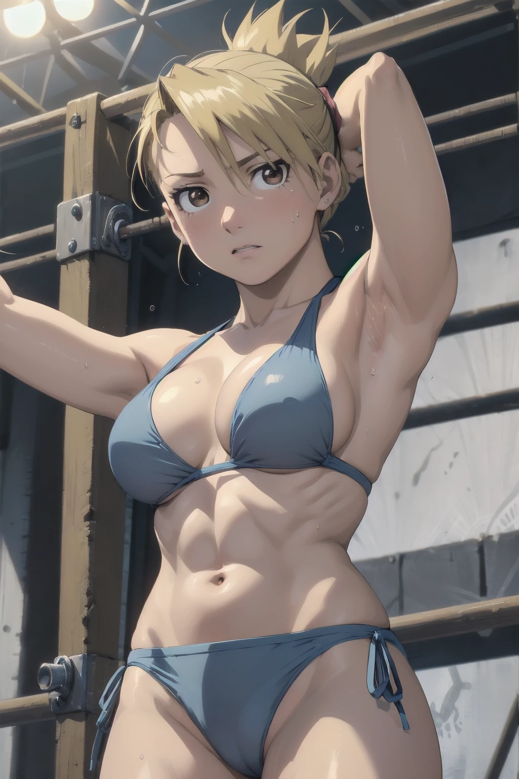 masterpiece, Highest quality, High resolution, One Girl, Hamriz, ponytail, Brown eyes,big , マイクロbikini、Cowboy Shot、Muscular body、blush、Sweat、Composition from the front、anime、(((Light blue bikini、Stand in front、audience、Arms behind head、Armpit、Shaking breasts、 fully exposed、Facing forward)))、((Wrestling Arena)), (Female wrestler), (Slender body, 発Sweat, tired), Mature Woman, Mature Woman, (bikini, Very detailed wrestling equipment)