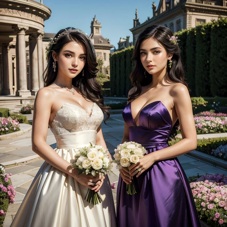 (​masterpiece, best quality:1.5), highest quality, High resolution, super detailed, Realists, Upper body photo of a black-haired bridesmaid, detailed and beautiful eyes, beautiful detailed lips, very detailed eyes and face, longeyelashes, Bridesmaid in a short purple dress made of shiny satin fabric, Beautiful and colorful makeup, elegant and noble々Pose,shiny satin headband, grind, Holding flowers, Gardens as background, soft daylight, bright colors, fine brushstrokes, Portrait style, Noble details in the dress fabric, beautiful color palette, glowing skin, First-class rendering, that captures every detail, enchanting atmosphere, subtle shadows and lights, (perfect anatomy:1.2), (The two stunning bridesmaids hold flowers and wedding rings, (magnificent panorama view:1.2)