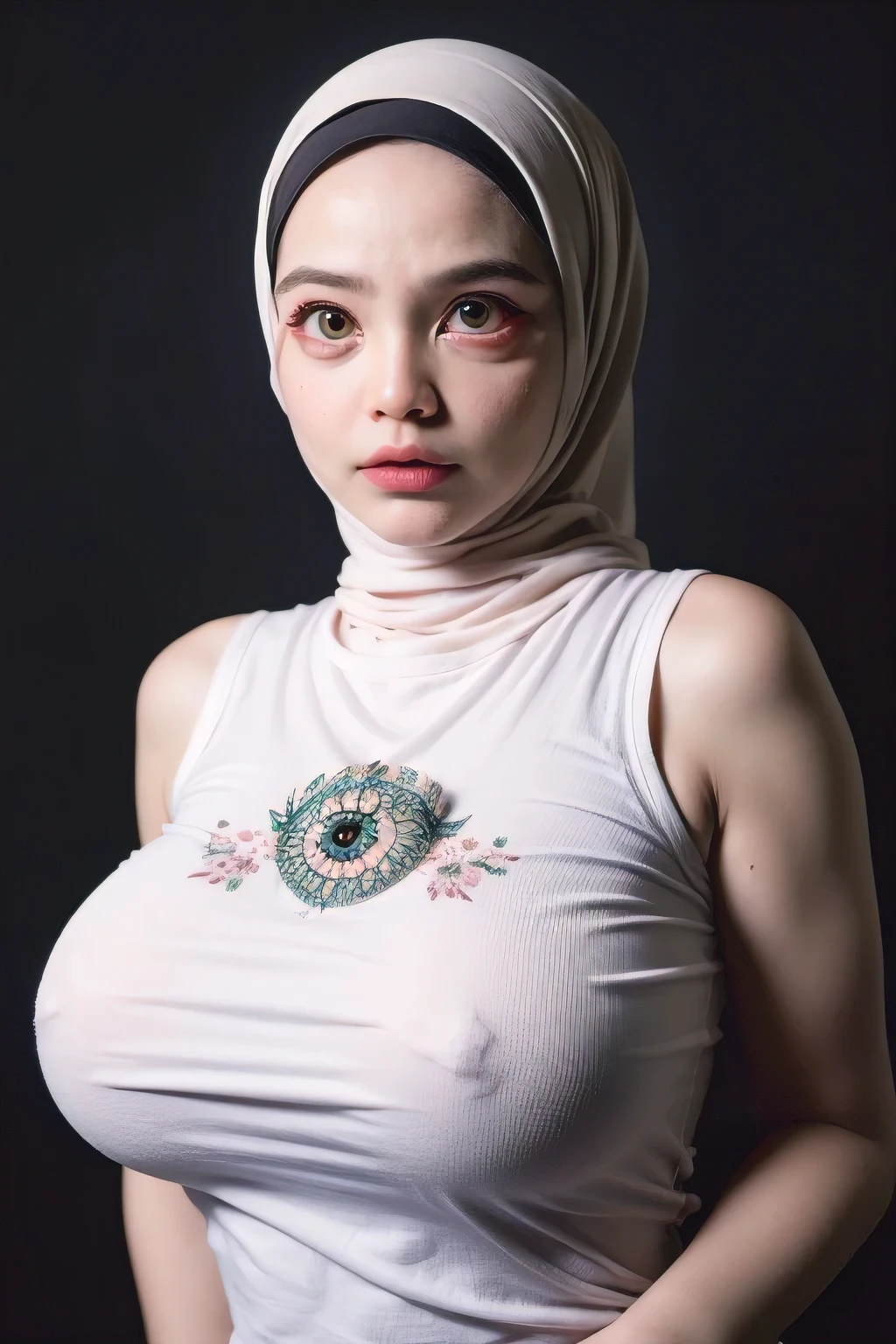 Jumbo (Singlet), Chubby adorable, 1 girl, (face to face), , baby face, angry face expression, half body portrait, (face details: 1), (eye details: 1), ((big breasts)). wearing transparent transparency soft long shirt, hijab, .. Cute posed. proportional body. Ultra High Res. realistic: 1.4, UHD, ((floral pattern)), ((Bigger Eye:1.9)), (((DARK BACKGROUND)))