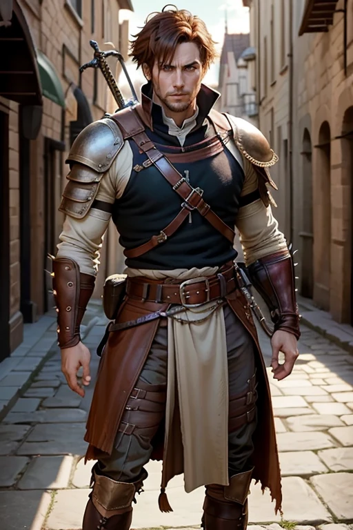 35 year old man with short spiky reddish brown hair, messy fringe hairstyle, medieval hunter clothing, brown eyes holding a sword muscular build, brown leather belt, brown leather belt boots, medieval city background with magic symbols