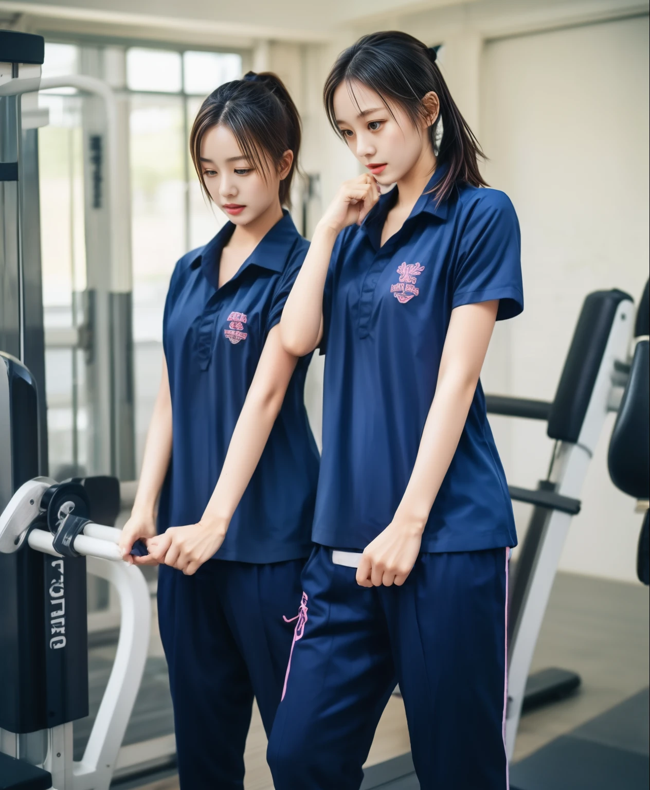 3 girls in fitness center, Navy blue short-sleeved shirt,Navy Long Trackpant,Sweatpants, Sweatpantsขายาว,25 year old girl, lesbian, sexy, exercise clothes, wet body, exercise clothes