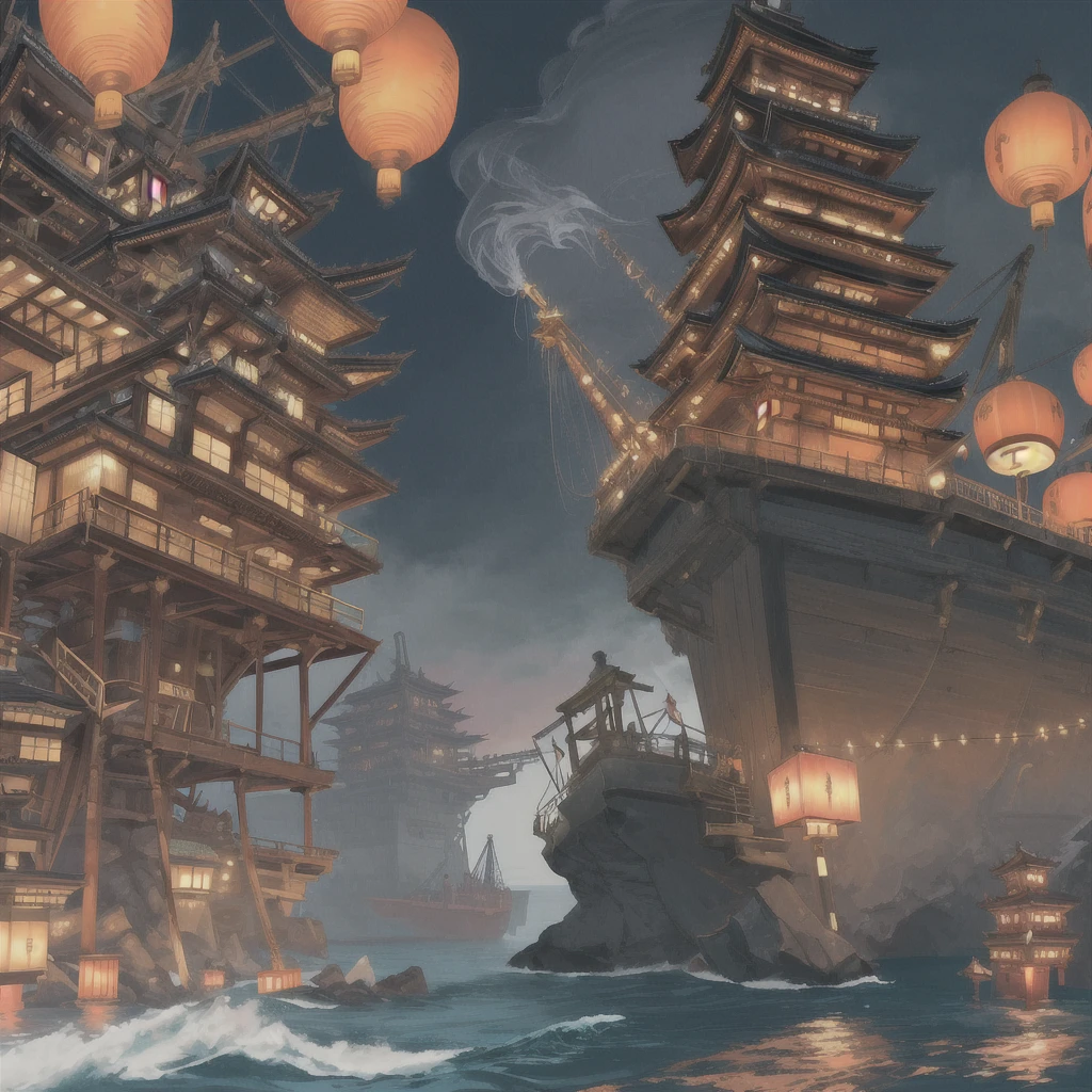 High resolution, Japanese-style streetscape, steep cliff, wooden scaffolding on which Japanese-style buildings are built into the rock face, Japanese-style buildings embedded into the side of the cliff, smoke rising from the chimneys of the frontier, gorgeous, the huge Japanese-style building is a trading post at the port, a large ship in the sea on the right, the decorations of the ship are flashy, many boats in the distant sea, grand, fantasy, realistic, lanterns in the mist, lights coming from the shoji screens, a vibrant ancient city, Japanese-style, many overlapping tile roofs, unstable Japanese-style architecture, unstable terrain, port town, sailing ship