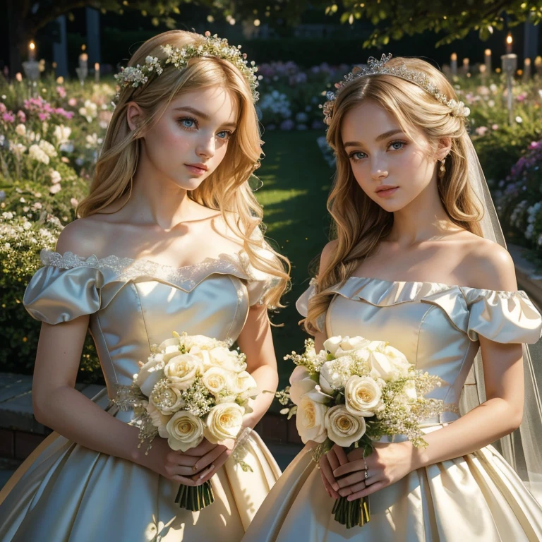 (masterpiece, best quality:1.5), highest quality, High resolution, super detailed, Realists, Upper body photo of a blonde flower girl, detailed and beautiful eyes, beautiful detailed lips, very detailed eyes and face, longeyelashes, Young girl in a short dress made of shiny satin fabric, Beautiful and colorful makeup, elegant and noble々Pose,shiny satin headband, grind, Holding flowers, Gardens as background, soft daylight, bright colors, fine brushstrokes, Portrait style, Noble details in the dress fabric, beautiful color palette, glowing skin, First-class rendering, that captures every detail, enchanting atmosphere, subtle shadows and lights, (perfect anatomy:1.2), (The two stunning flower girls carry pillows with wedding rings on them. (magnificent panorama view:1.2)