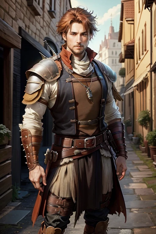 35 year old man with short spiky reddish brown hair, messy fringe hairstyle, medieval hunter clothing, brown eyes holding a sword muscular build, brown leather belt, brown leather belt boots, medieval city background with magic symbols