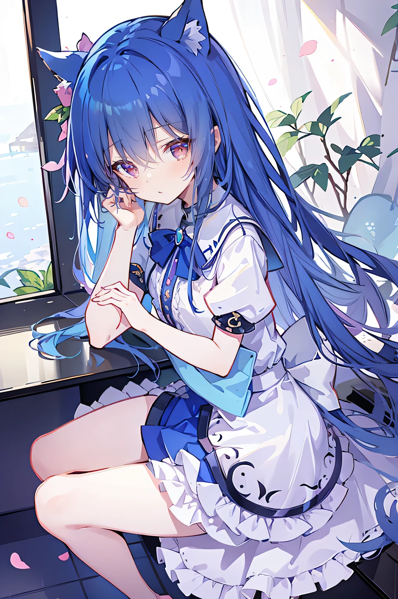 (masterpiece:1.2),Extremely detailed,Practical,expressive eyes,Fair skin,Perfect face shaping,1 Girl,
Japanese cartoons,Gorgeous blue hair, the long flowing blue hair,Floating clothes,Cat ears,Petals fall,beautiful lola,Young Angel
,sit elegantly on the ground,Cross your legs,Place your hand on your lips,(Shy face),sitting on window sill drinking coffee and looking out the window。
