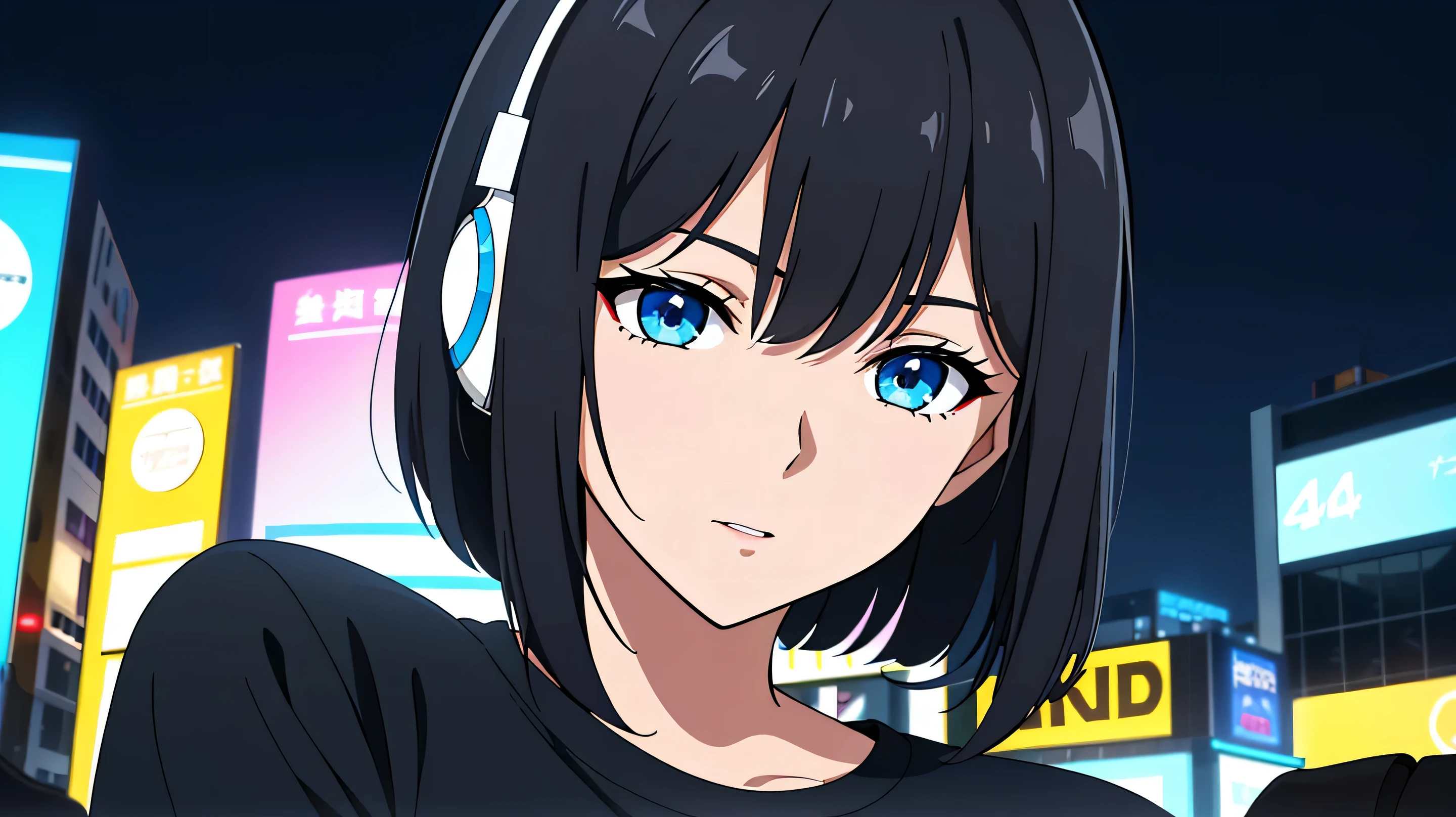 (Highest quality:1.5, High resolution, 超High resolution, 4K, Detailed lighting, Shaders), Black Hair, Bobcut,Shortcuts , Cool woman, Cool girl, Sharp eyes, blue eyes, beautiful, Outdoor Background, Casual clothing,Oversized T-shirt (throw, Close-up shot), With headphones、Night in the city