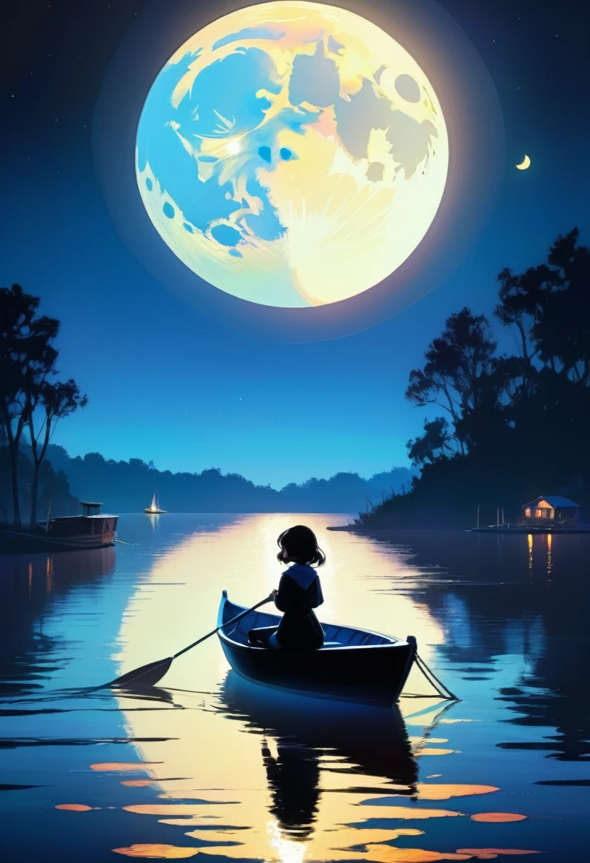 (moon confession) the dark silhouette of a girl in a boat at night against the background of a large moon, the water surface, (the work of Ilya Kuvshinov and Mikhail Khokhlachev) ((best quality)), ((masterpiece)), ((realistic)), (extreme detailing), ((perfect))