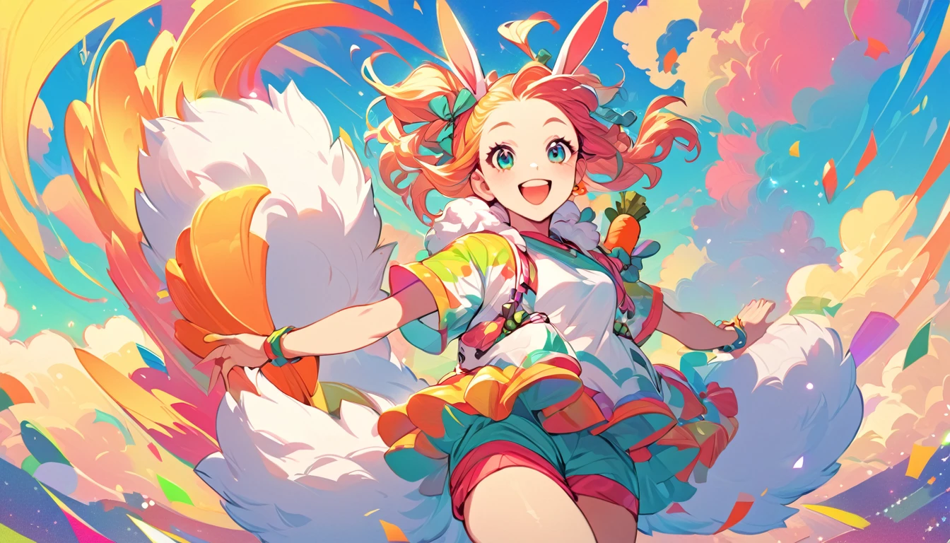 A cute girl with bunny ears and a fluffy tail, wearing a playful outfit, holding a carrot in one hand, happily hopping and dancing in a hip-hop style. The background is filled with soft, fluffy clouds and a bright, cheerful sky. The girl has a big smile on her face, radiating joy and excitement. Semi-realistic style, vibrant colors.