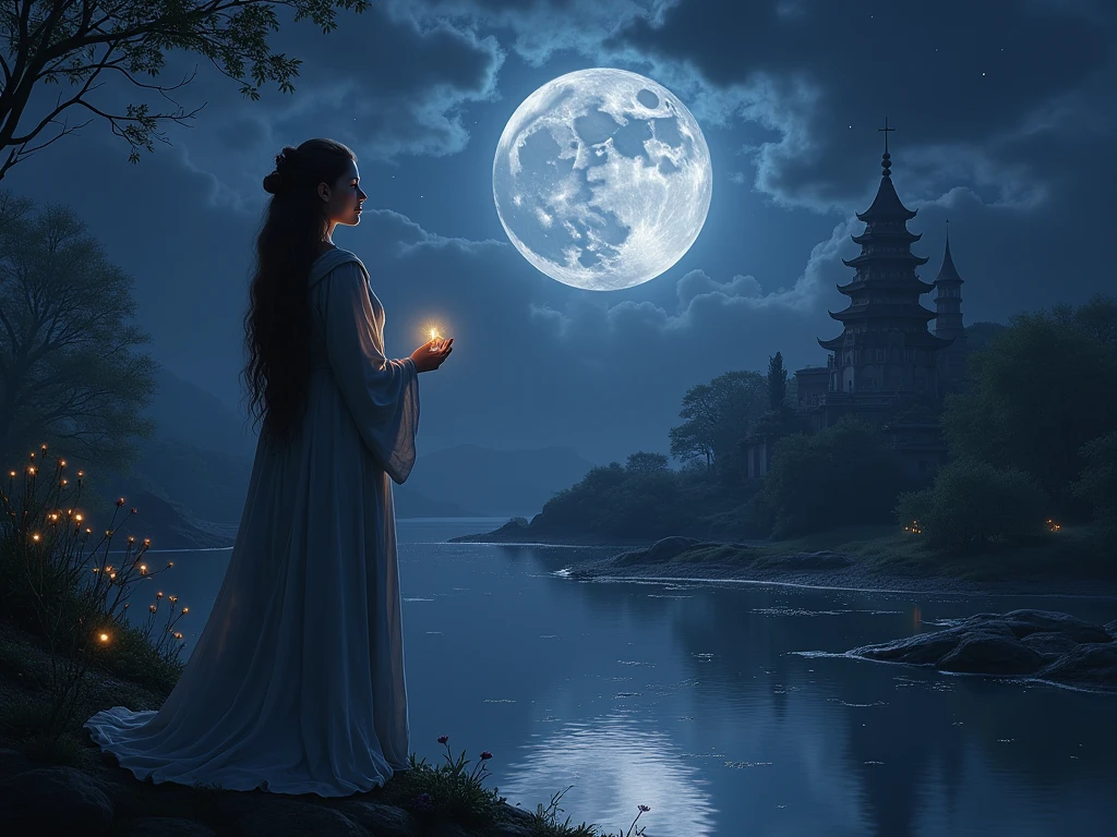 a portrait of a female druid praying at night to the moon goddess, an exquisite beautiful woman, an exotic beautiful druid, priestess of nature, ultra feminine, full body, busty woman, most beautiful face ultra detailed face, ((anatomically correct: 1.5)) ultra detailed face, dynamic hair color, dynamic hair style, dynamic skin complexion, (best detailed face: 1.5), wearing a long robe, praying at night to the moon goddess, it is night time, the moon is full. enchanted moon, divine moon, some stars, the night sky are in (many shades of black, dark blue and purple: 1.3), some clouds, divine rays, moon rays, fantasy temple of nature background, a river running near the temple, the moon reflected in the water, vibrant, Ultra-high resolution, High Contrast, (masterpiece:1.5), highest quality, Best aesthetics), best details, best quality, highres, ultra wide angle, 16k, [ultra detailed], masterpiece, best quality, (extremely detailed), 