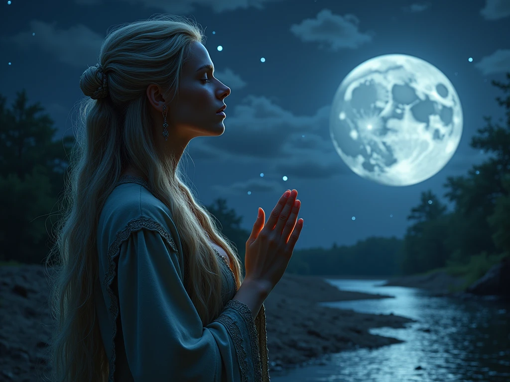 a portrait of a female druid praying at night to the moon goddess, an exquisite beautiful woman, an exotic beautiful druid, priestess of nature, ultra feminine, full body, busty woman, most beautiful face ultra detailed face, ((anatomically correct: 1.5)) ultra detailed face, dynamic hair color, dynamic hair style, dynamic skin complexion, (best detailed face: 1.5), wearing a long robe, praying at night to the moon goddess, it is night time, the moon is full. enchanted moon, divine moon, some stars, the night sky are in (many shades of black, dark blue and purple: 1.3), some clouds, divine rays, moon rays, fantasy temple of nature background, a river running near the temple, the moon reflected in the water, vibrant, Ultra-high resolution, High Contrast, (masterpiece:1.5), highest quality, Best aesthetics), best details, best quality, highres, ultra wide angle, 16k, [ultra detailed], masterpiece, best quality, (extremely detailed), 
