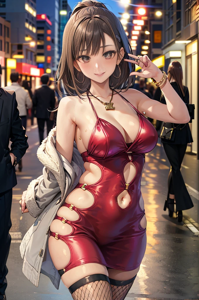 masterpiece, formal, (Mature women standing in a row、Sticking out towards the viewer:1.4), (Pink bodycon, Micro Dress:1.2), (Detailed eyes, Perfect Face, Face Focus:1.2), (Highly wrinkled, shiny clothing that reflects light:1.2), Glitter, Sparkling gold, (Hoop Earrings), necklace, Fishnet tights, hair ornaments, latex, Glowing Skin, Attractive perfect female proportions, Detailed surface texture, Wicked Smile, blush, (venue)