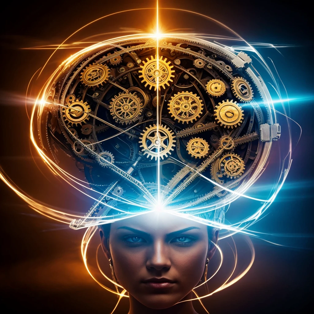 Create an image depicting a powerful mind. The image should convey strength, control, and mastery, with elements that symbolize intelligence and mental prowess. Consider incorporating visual metaphors such as a brain illuminated with light, gears and cogs symbolizing complex thought processes, or an individual meditating with a radiant aura around their head. The overall aesthetic should be inspiring and convey the message of mastering one's mind