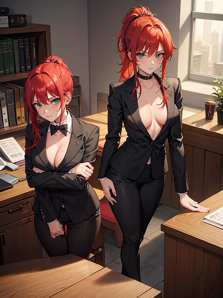 1 Girl, red hair ponytail, masochistic and submissive, green eyes, blushing, wearing a black office suit, medium breasts, V-neckline, sexy pose, Leaning on a fine polished wooden desk, in a modern and cozy office.