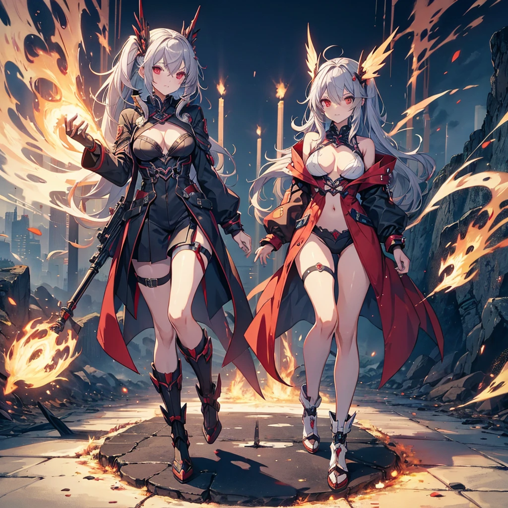 (masterpiece, Highest quality), (Perfect Anatomy 1.2), (Detailed Hair), Very detailed, Anime Style, whole body, Cyber Ninja Girl, In Cyber Kimono, Gray Hair, Red eyes, Eye patch, Flaming fist, Wings formed from burning ash, Wearing long boots, White Background, whole body, Standing in the wasteland.