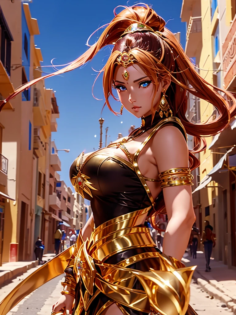 8k wallpaper of a beautiful anime girl wearing gold jewelry on the streets of a city in Western Sahara, Written by Artgerm, complex detail, trend on ArtStation, 8k, smooth movement, amazing shading