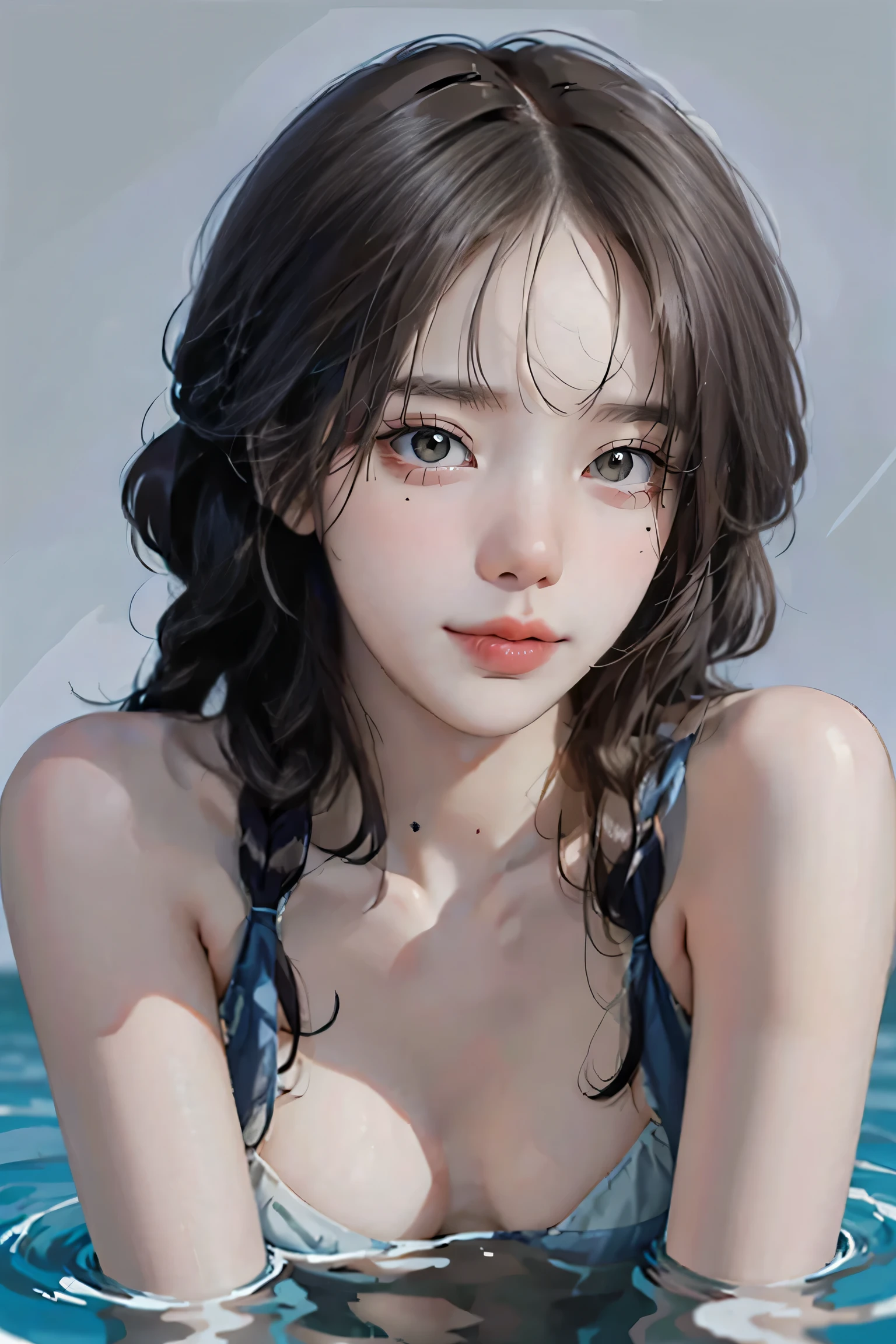 8k, masterpiece, (Realistic:1.5), Artistic portrait (Two beauties:1.3) No clothes, Large Breasts, Braid, Perfect Face, Detailed eyes, tattoo, irezumi tattoo, Long legs, Two Japanese girls immersing themselves half together in a lake of crystal clear water, hug, (View from below:1.2, Low angle shot:1.0), Slack , Natural Color, Warm and cozy atmosphere, Water reflection, Gray background