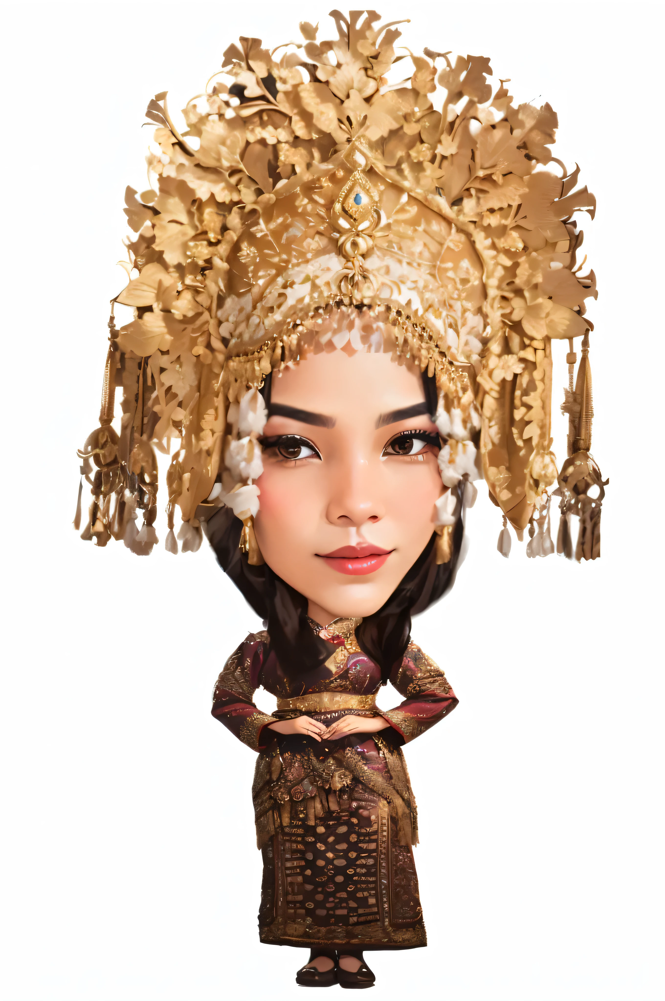 a close up of a woman in a traditional dress with a headdress, indonesian traditional dress, traditional dress, wearing authentic attire, traditional costume, traditional clothes, authentic costume, traditional clothing, batik, high quality theatre costume, wearing ornate clothing, ornate attire, wearing an ornate outfit, costume, royal gown, traditional tai costume, wearing traditional garb, elaborate costume