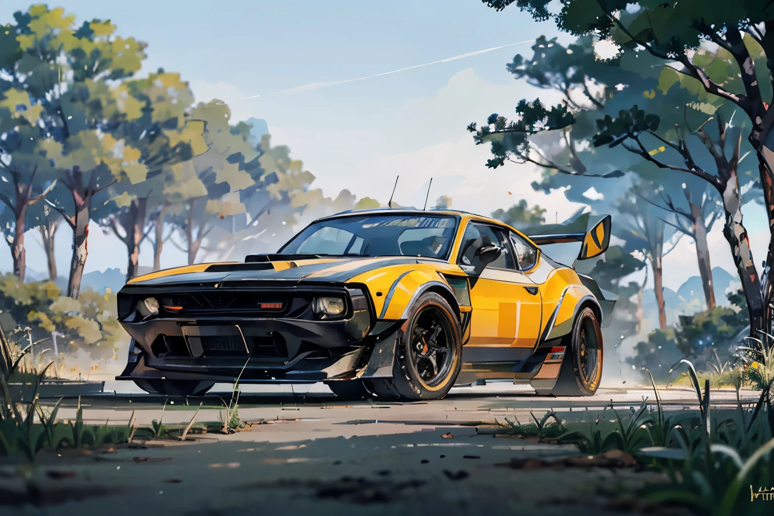 Highres, Masterpiece, best quality, Green super car, Cyberpunk, (Hotrod zeekars), (with glowing rims), wide tires, at the parking lot, no human in background, trees in background, dirt on land, grass on land, no road, afternoon, blue sky, front view, only one car, 1car, Uhd