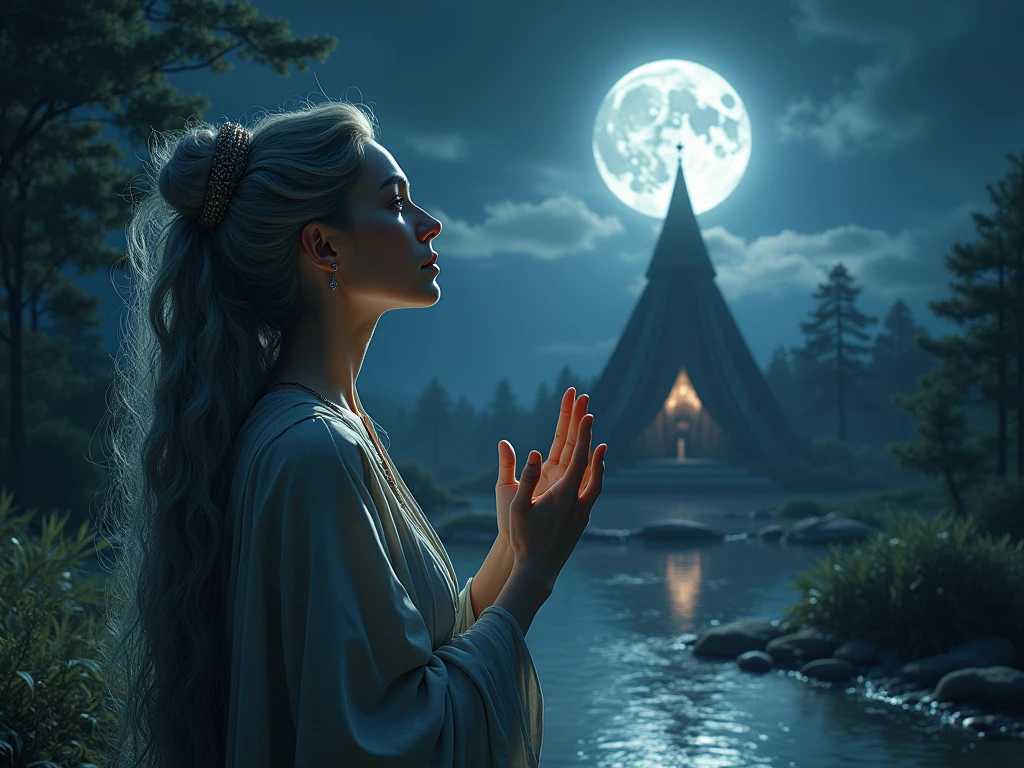 a portrait of a female druid praying at night to the moon goddess, an exquisite beautiful woman, an exotic beautiful druid, priestess of nature, ultra feminine, full body, busty woman, most beautiful face ultra detailed face, ((anatomically correct: 1.5)) ultra detailed face, dynamic hair color, dynamic hair style, dynamic skin complexion, (best detailed face: 1.5), wearing a long robe, praying at night to the moon goddess, it is night time, the moon is full. enchanted moon, divine moon, some stars, the night sky are in shades of black, dark blue and purple, some clouds, divine rays, moon rays, (fantasy temple of nature: 1.3) background, a river running near the temple, the moon reflected in the water, vibrant, Ultra-high resolution, High Contrast, (masterpiece:1.5), highest quality, Best aesthetics), best details, best quality, highres, ultra wide angle, 16k, [ultra detailed], masterpiece, best quality, (extremely detailed), 