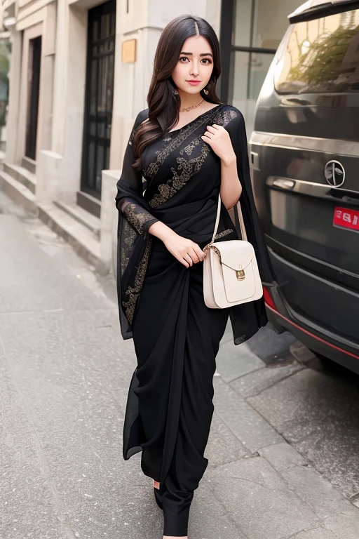 The so beautiful girl and he wear a black saree but bag round are china