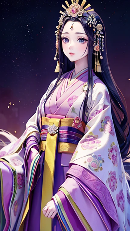 (Highest quality、 8k 、masterpiece、High resolution)、Heian period、A beautiful young woman from the nobility、、(Straight hair、Long, beautiful black hair)，(Beautiful Face、Beautiful eyes、A neat nose、Pretty lips)、A friendly gaze、Faint smile、(Silver、gem、Ivory hairpin、Headdress)、(12 Single layer kimono、Mainly light pink　Many colors　Vibrant colors　The beauty of layered colors)，背景はHeian periodの建物、Official Art、Detailed CG、