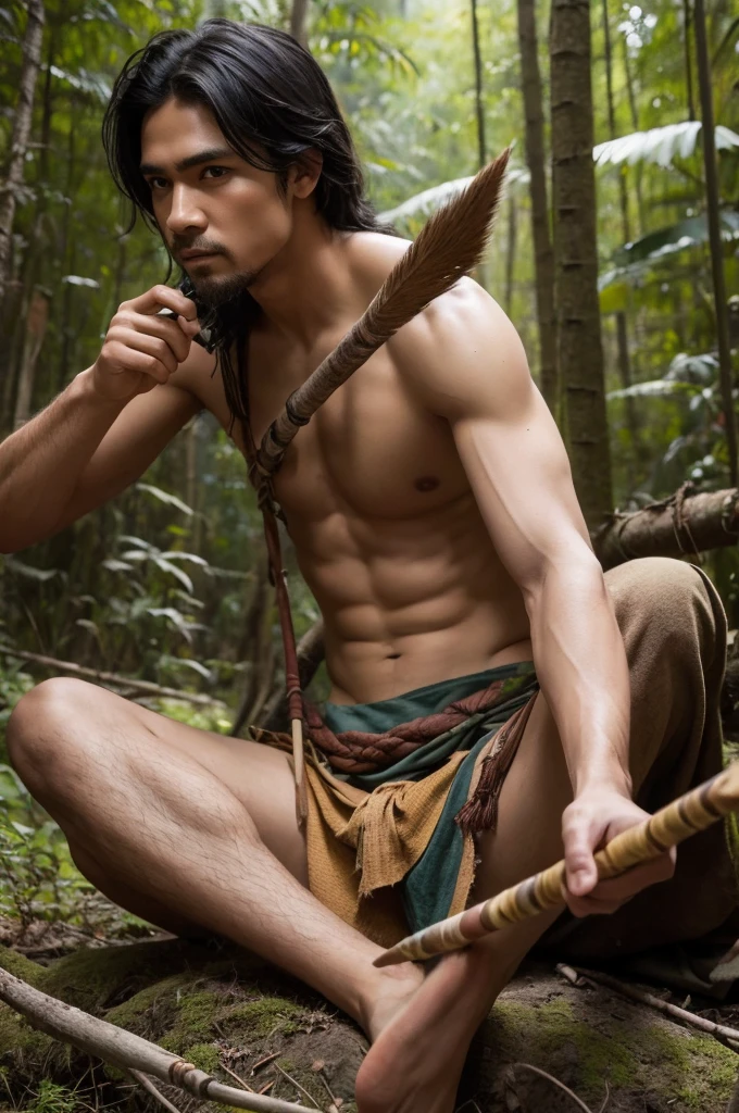 Best image quality, threaten, Holding a spear, primitive, Spread your legs, Primary forest, In underwear, ""Primitive clothing"", male, Black Hair, paint