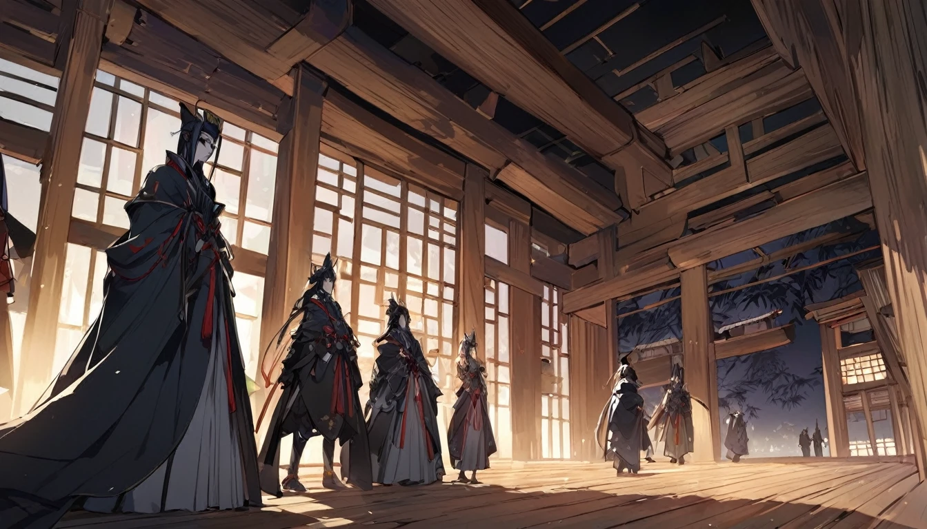 The Heian period imperial court shrouded in darkness、Abe no Seimei is standing dressed as an onmyoji.、In the background, wooden buildings stand out like silhouettes.、The garden has bamboo swaying in the wind