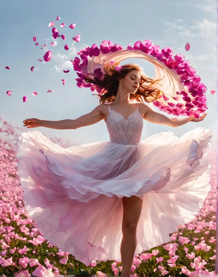 full length ,Do Not Trim, graceful figure, Beautiful legs, fast dance pose, brunette, beautiful face with expressive eyes, light white tones, fluffy skirt made of burgundy peony petals, Esbian Full Body, White background, daylight, Efeito de Luz, minimalist, Sun, pure tenderness, soft lighting, Realism, woman, who dances on a super-giant peony flower petal (petals made of thin, soft voile fabric, full background of flowing transparent burgundy petals, soaring one peony flower in hand - long stem above head, a huge giant burgundy peony above her head, Smoke effect, fog, mixed with burgundy peony petals), ((ss-through)), masterpiece, ReV Animated