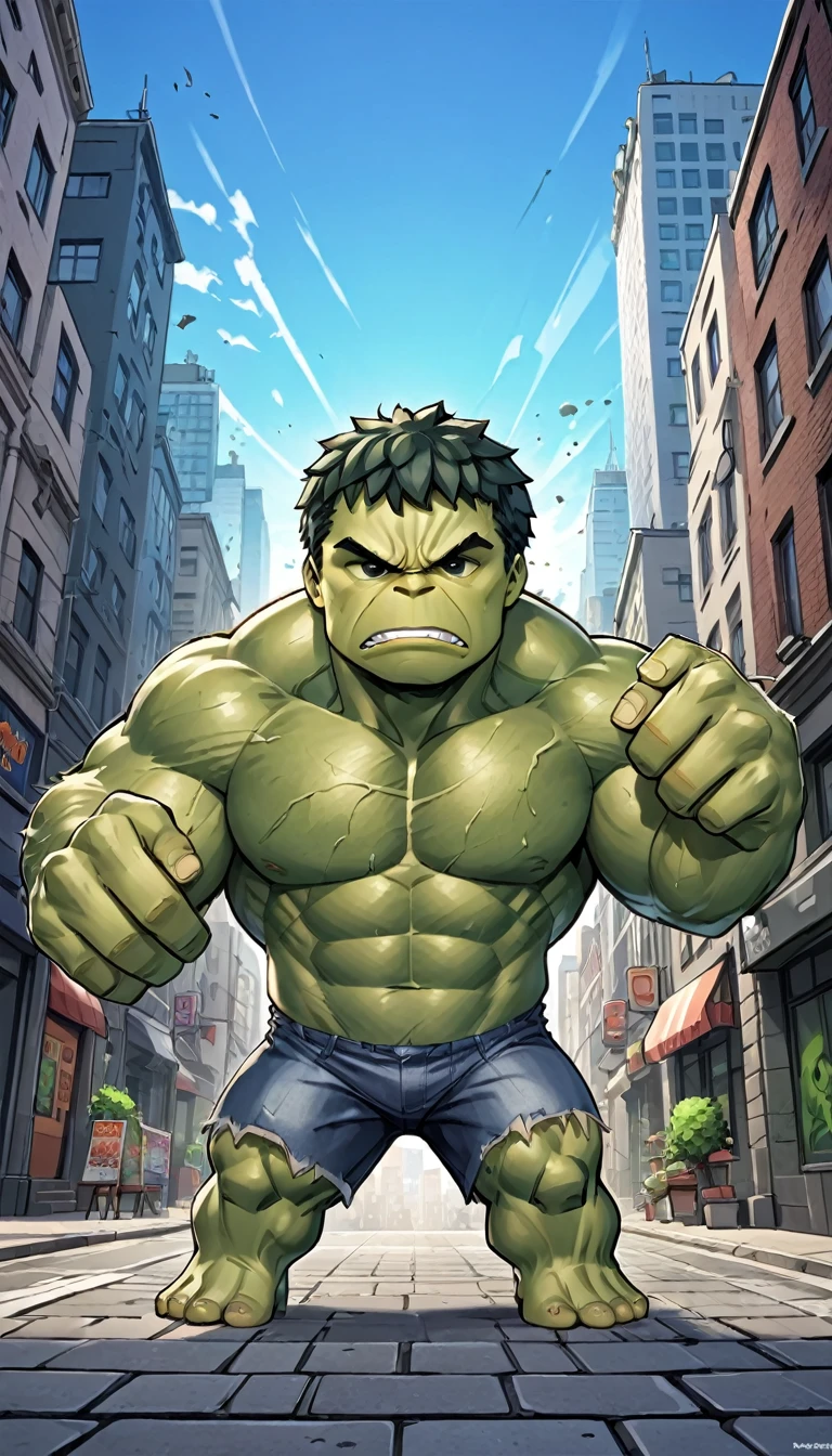 Chibi style, Hulk in the style of, cute background, 3D game art, high resolution, in focus, city, anime style, dynamic pose, game cover